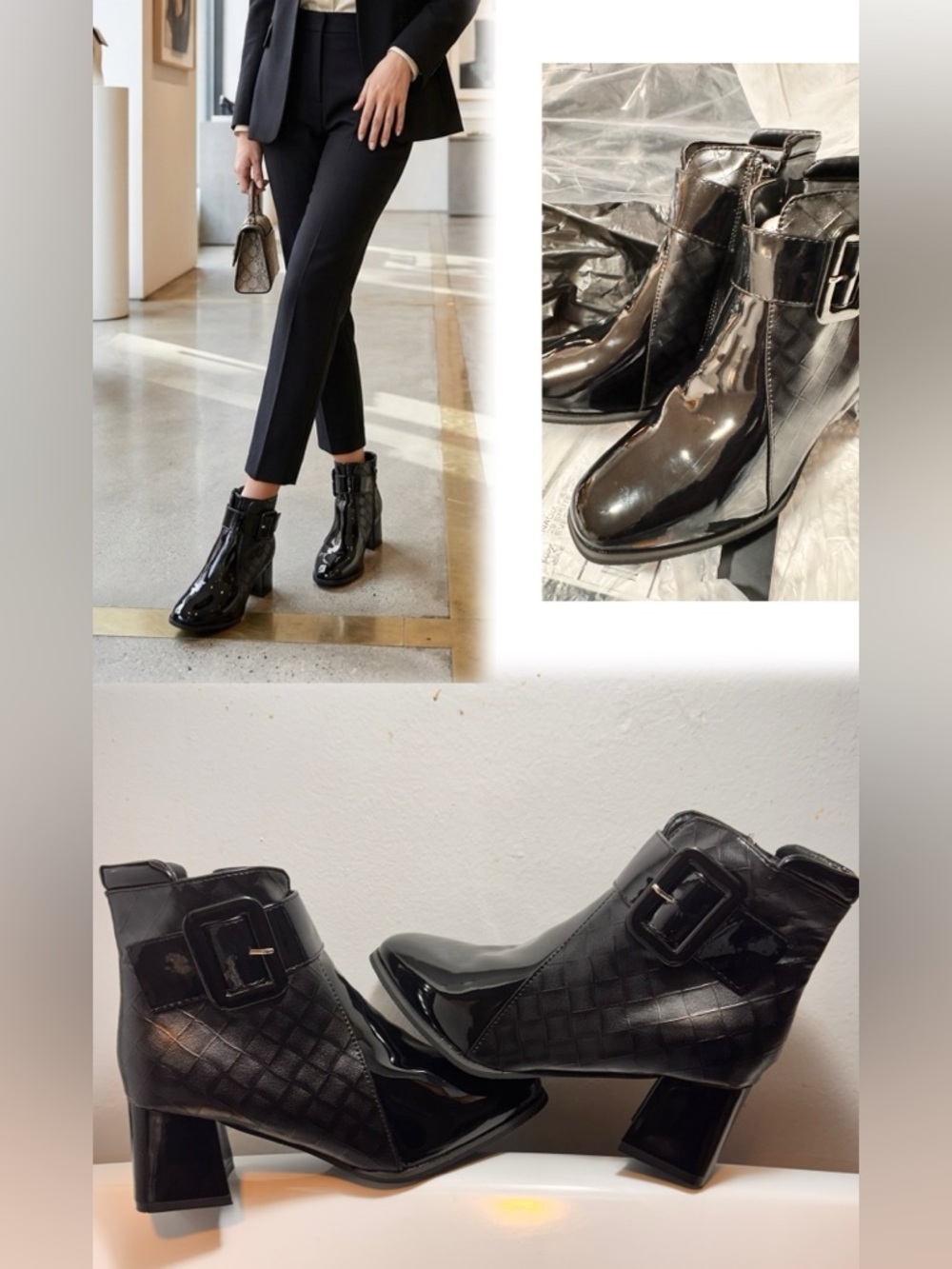 Classic Quilted Patent Leather Ankle Boots - Black  size 36 New